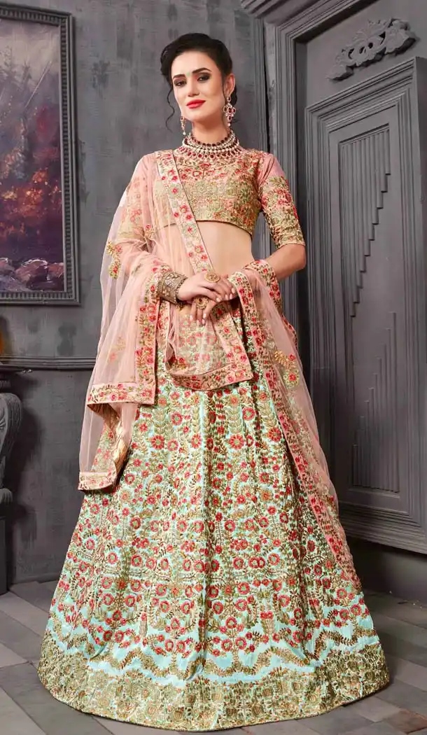 Breezy Blue Color Phantom Silk Designer Mehendi Ceremony Lehenga -586772861