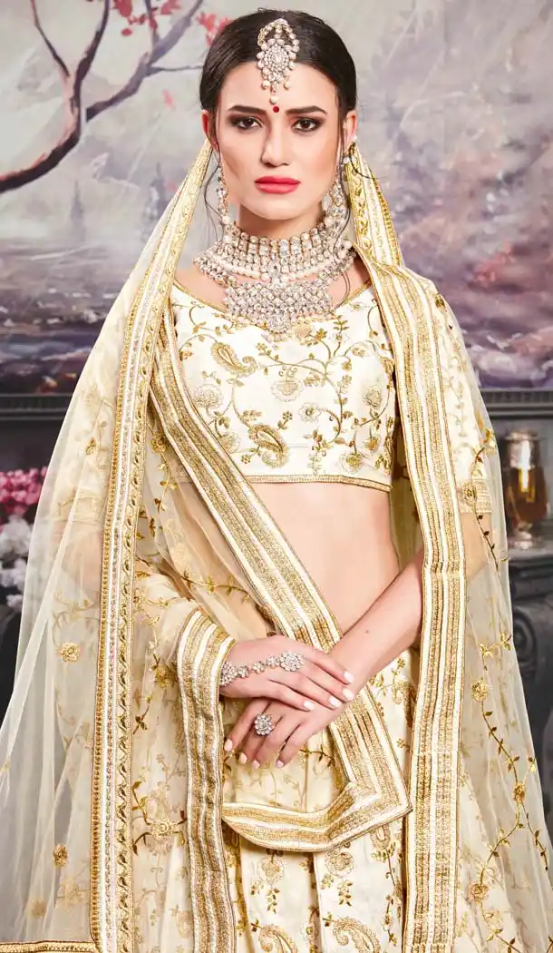 Pearl White Color Phantom Silk Designer Mehendi Ceremony Lehenga -586772863