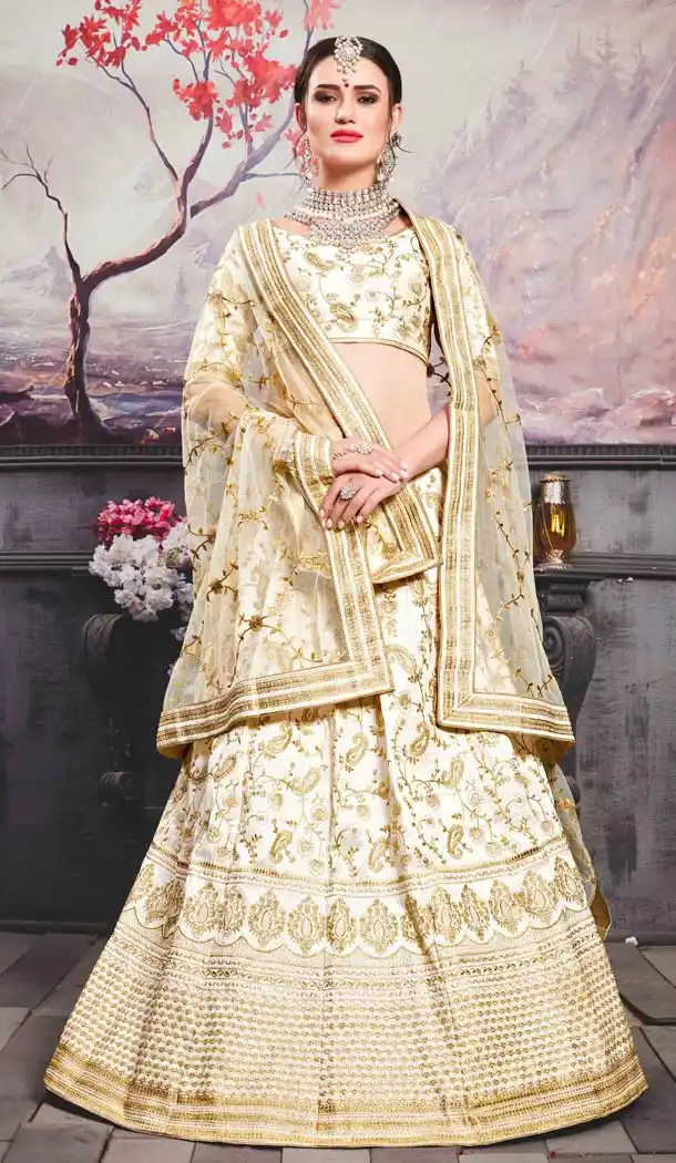 Pearl White Color Phantom Silk Designer Mehendi Ceremony Lehenga -586772863