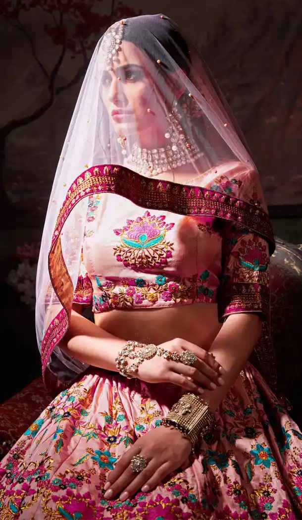 Meetha Pink Silk Designer Mehendi Ceremony Lehenga -586772865