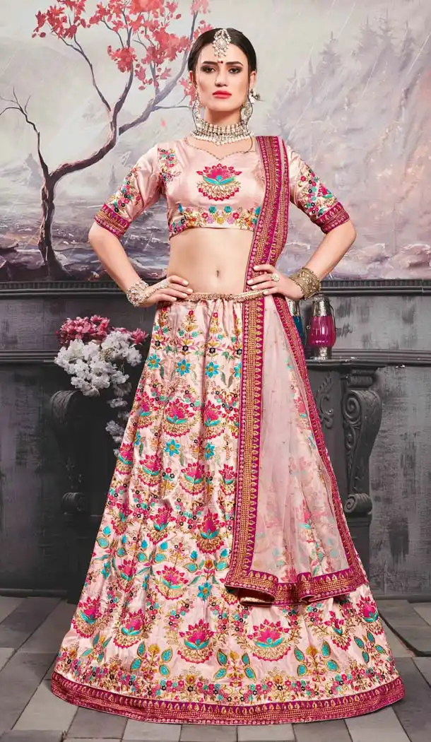 Meetha Pink Silk Designer Mehendi Ceremony Lehenga -586772865