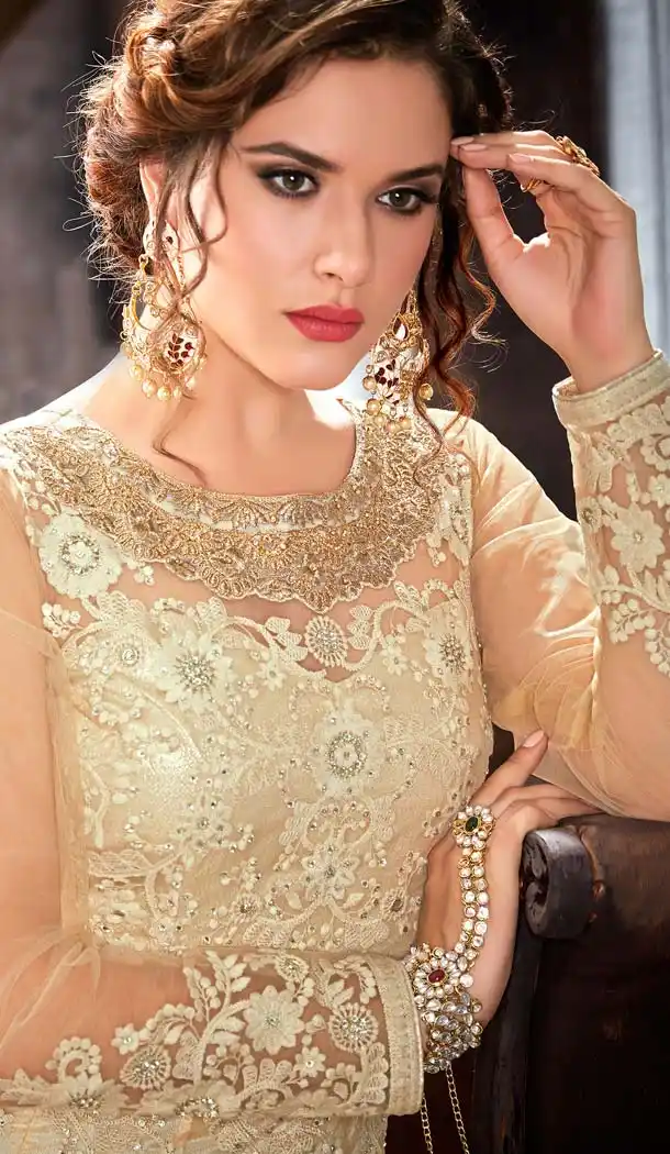 Gold And Red Net Designer Embroidery Indo Western Gown -585672784