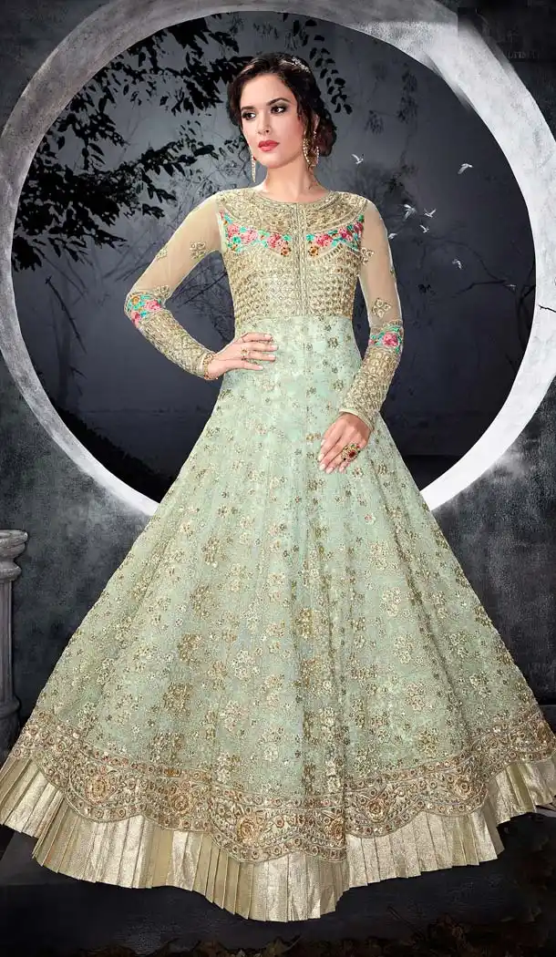 Green Color Net Designer Embroidery Indo Western Gown -585672785