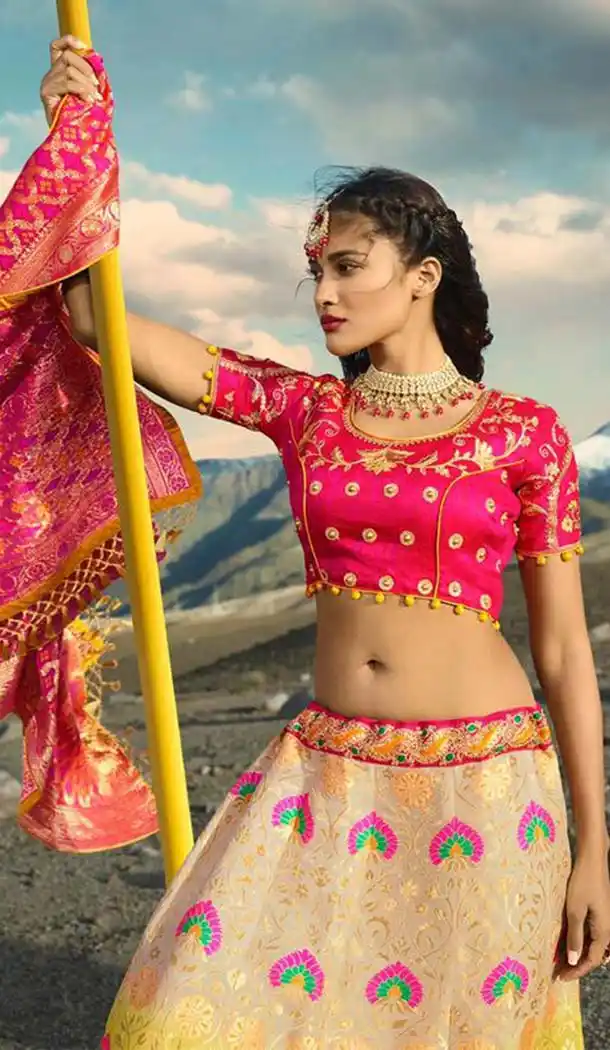 Yellow Cream Color Silk Designer Wedding Lehenga Choli -426662265