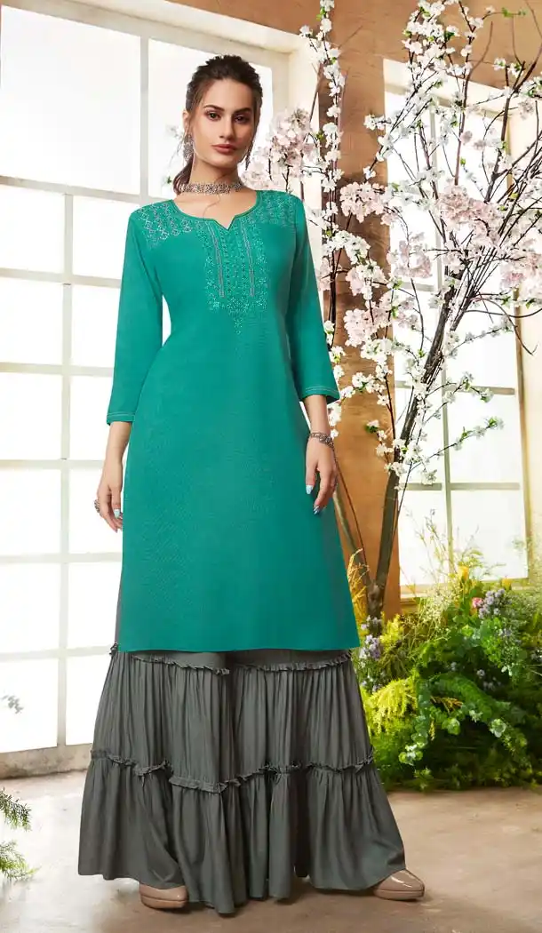Sky Blue Color Rayon Casual Pakistani Sharara Suit -589873169