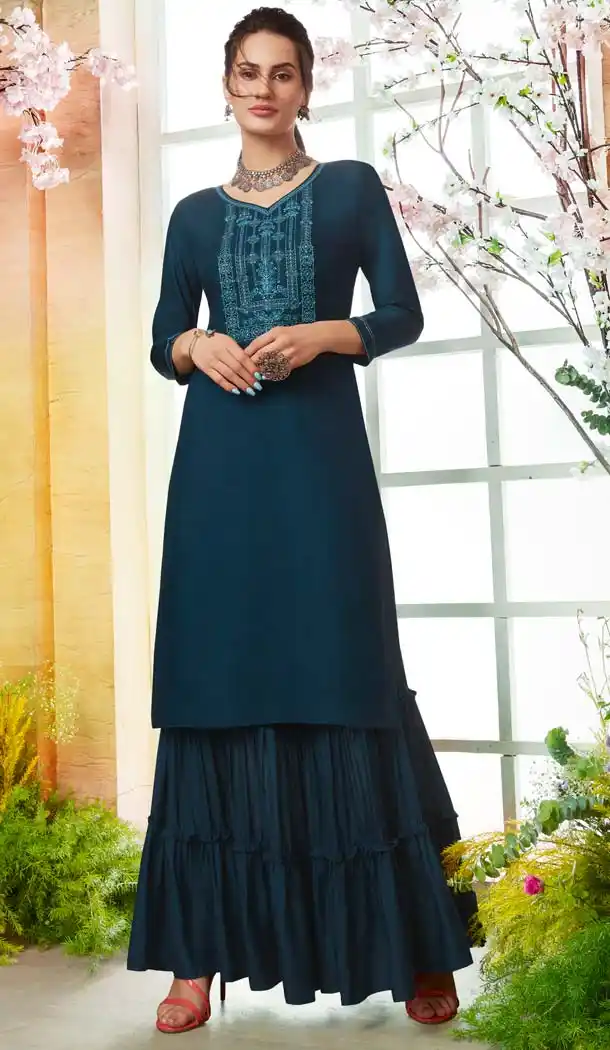 Rayon Sea Blue Color Casual Pakistani Sharara Suit -589873177