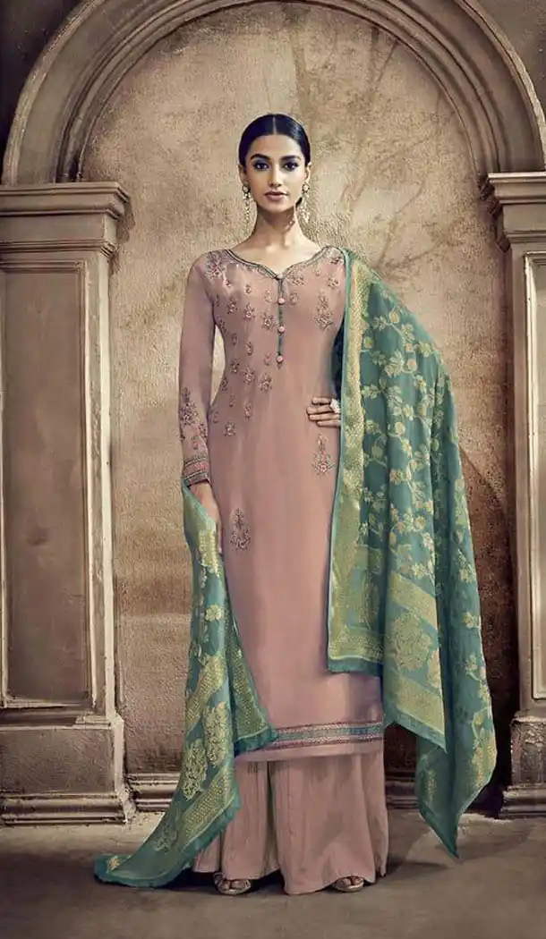 Light Brown Color Pure Viscose Cotton Silk Party Palazzo Suit -585572777