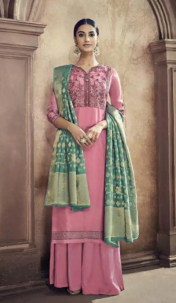 Pink Color Pure Viscose Cotton Silk Party Palazzo Suit -585572780