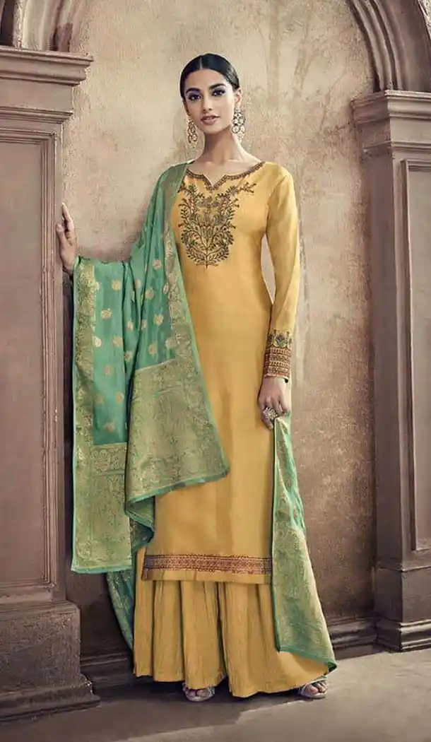 Yellow Color Pure Viscose Cotton Silk Party Palazzo Suit -58557281