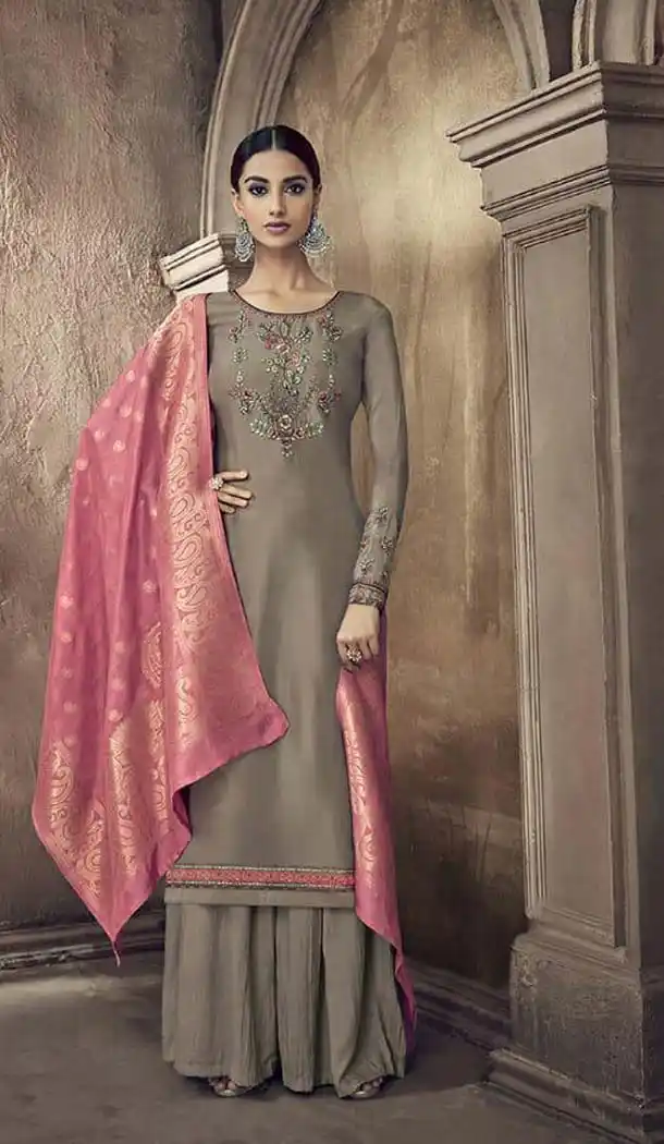 Tan Brown Color Pure Viscose Cotton Silk Party Palazzo Suit -585572782