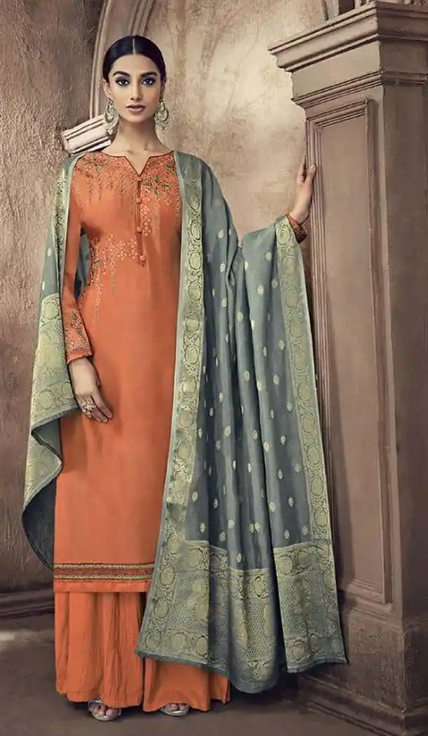 Orange Color Pure Viscose Cotton Silk Party Palazzo Suit -585572783