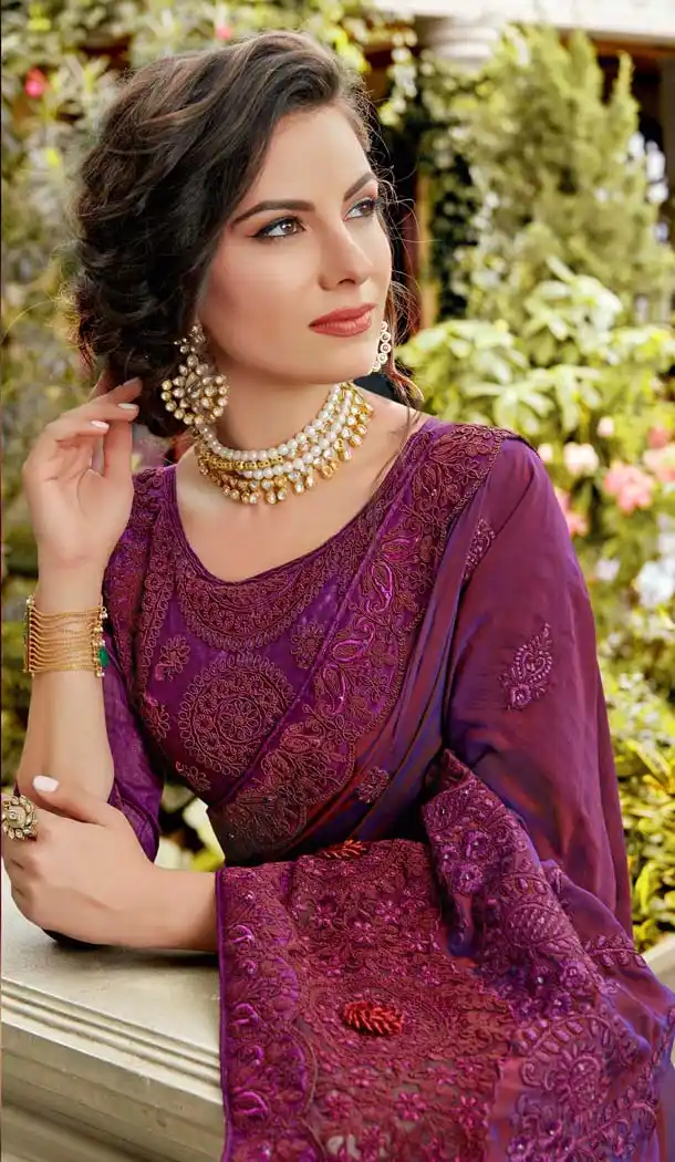 Purple Color Art Silk Heavy Embroidred Sarees Blouse -586372834