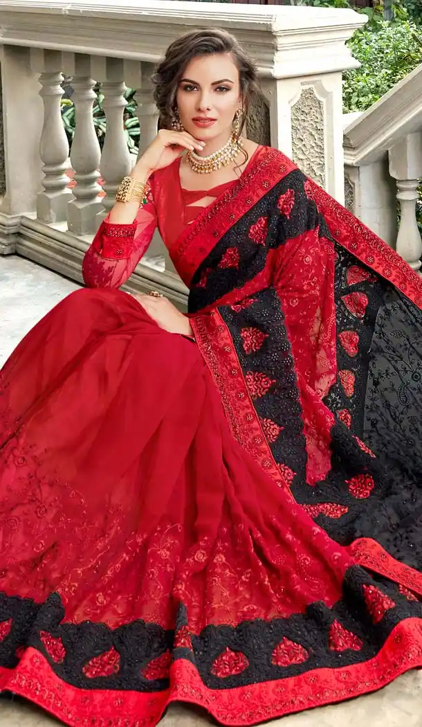 Red And Black Color Art Silk Heavy Embroidred Sarees Blouse -586372836