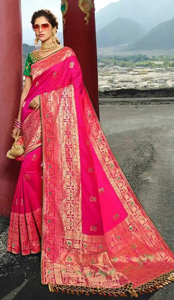 Contemporary Rani Pink Color Silk Embroidery Designer Sarees -426762278