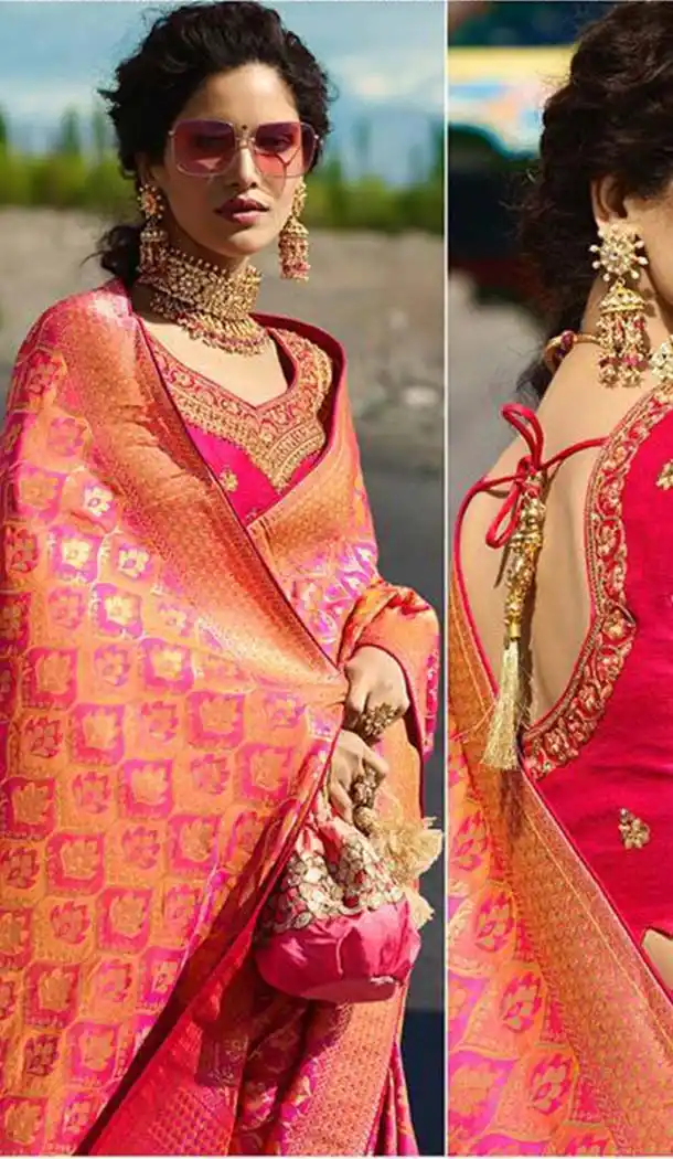 Unique Rani Orange Color Silk Embroidery Designer Sarees -426762284