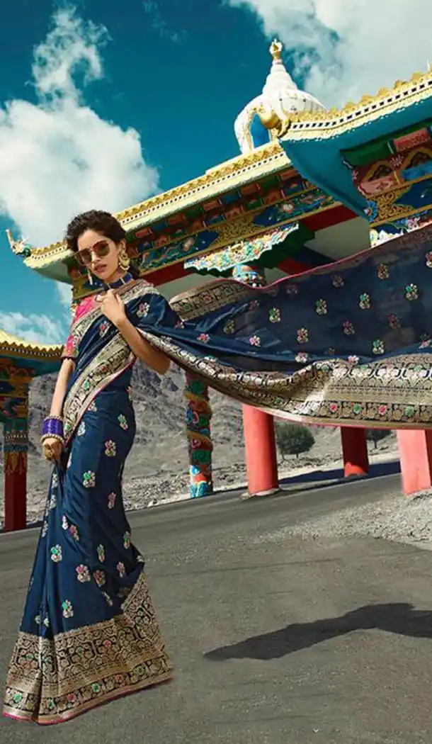 Exquisite Blue Color Silk Embroidery Designer Sarees -426762286
