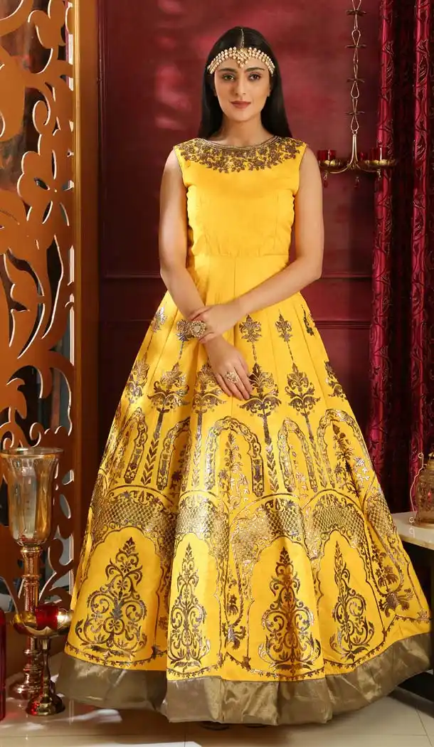Remarkable Yellow Color Silk Designer Indo Western Gown -589373138