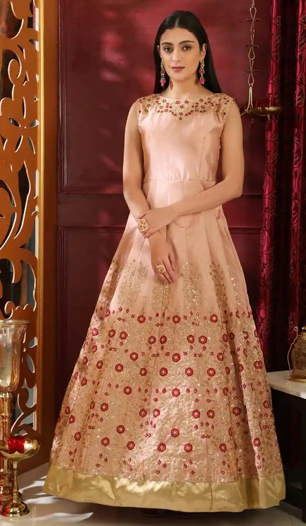Fabulous Peach Color Silk Designer Indo Western Gown -589373139