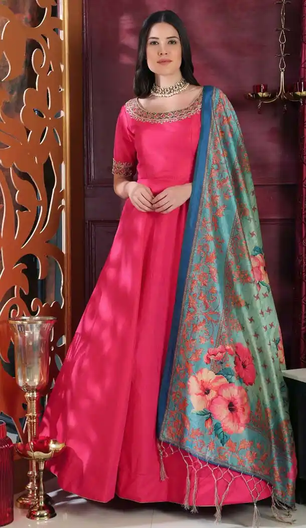 Dark Pink Color Silk Designer Indo Western Gown -589373142