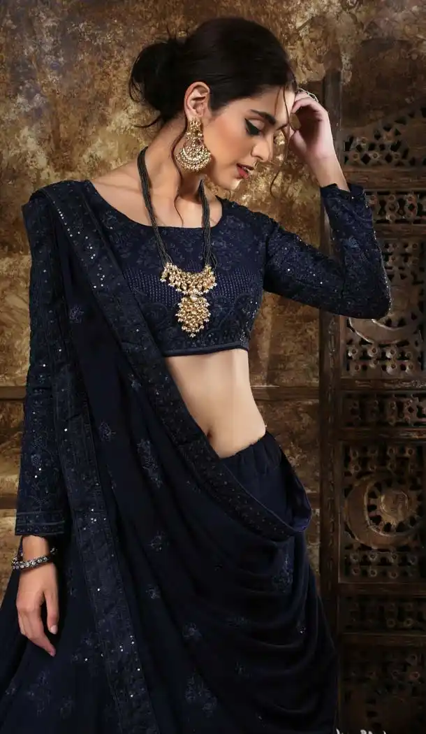 Navy Blue Color Georgette Lucknowi Designer Lehenga Choli -591373430