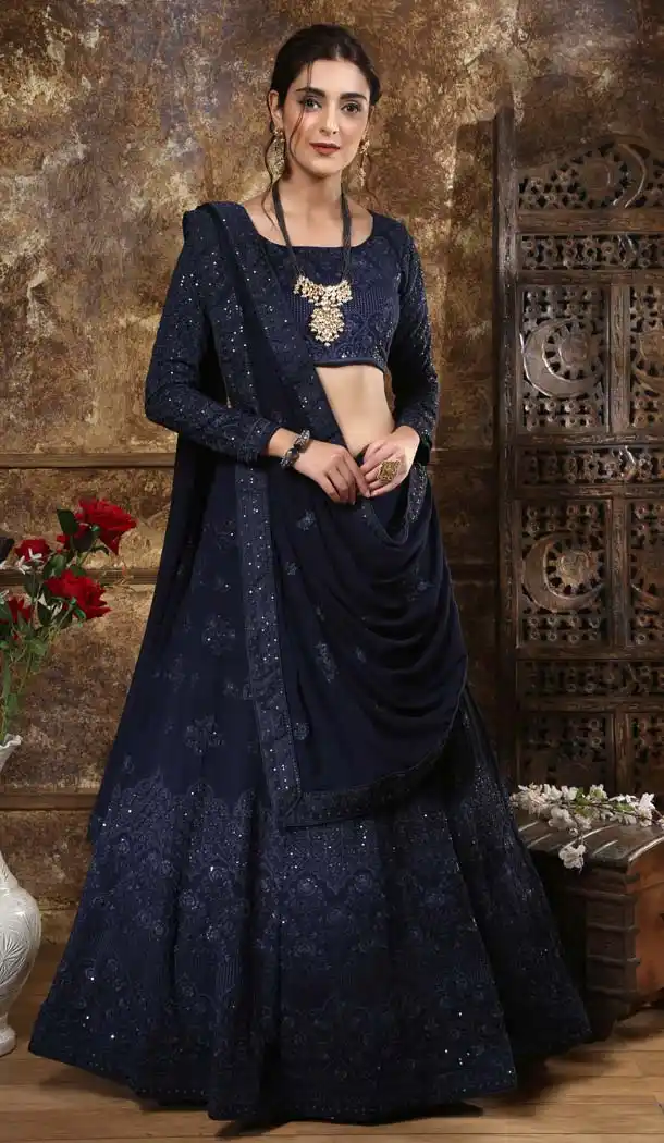 Navy Blue Color Georgette Lucknowi Designer Lehenga Choli -591373430