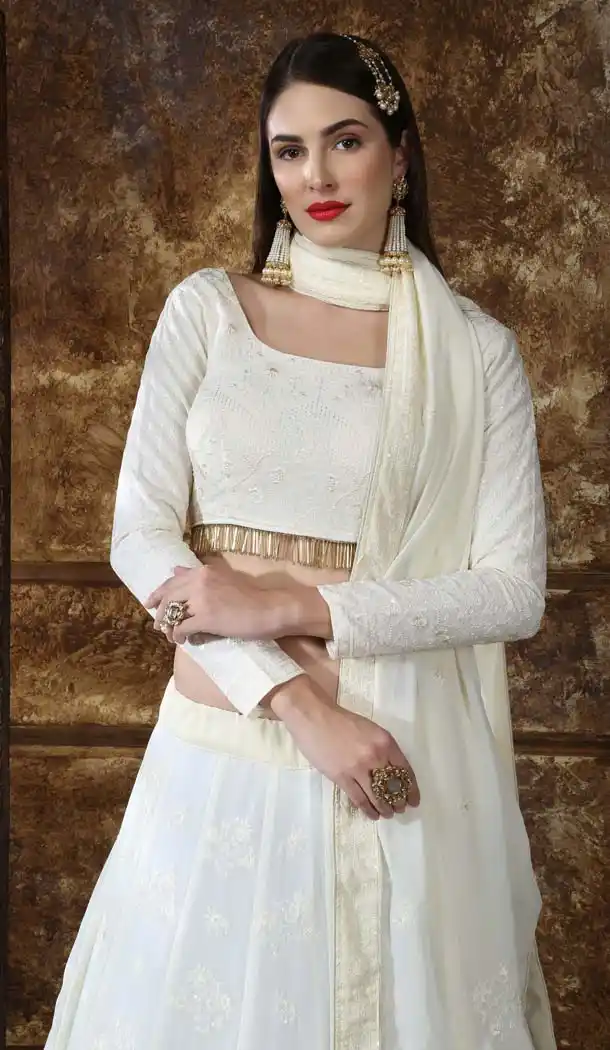 White Color Georgette Lucknowi Designer Lehenga Choli -591373432