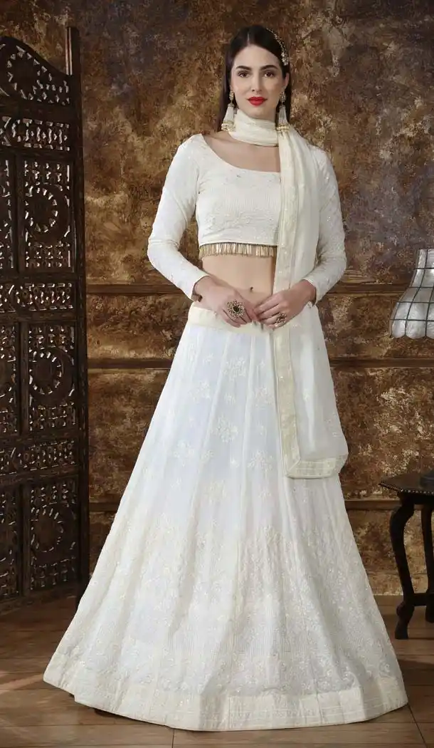 White Color Georgette Lucknowi Designer Lehenga Choli -591373432
