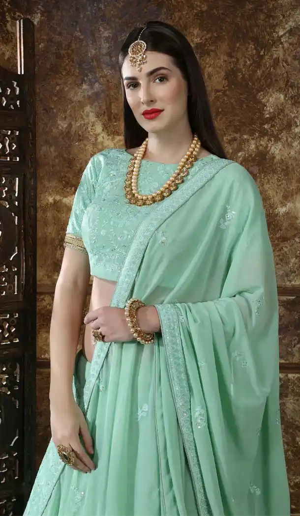 Mint Green Color Georgette Lucknowi Designer Lehenga Choli -591373433