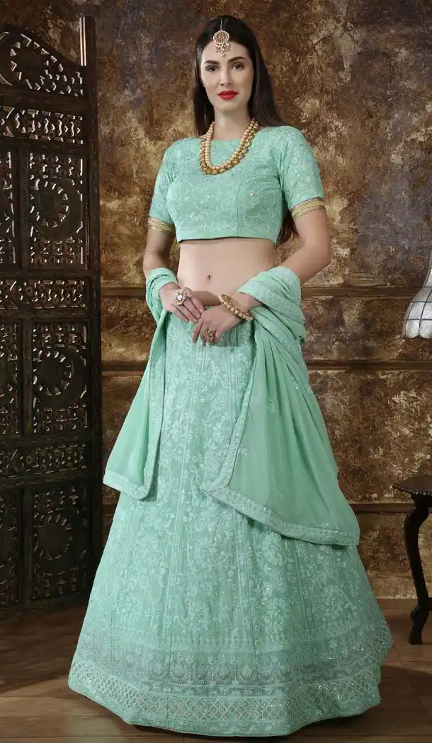 Mint Green Color Georgette Lucknowi Designer Lehenga Choli -591373433