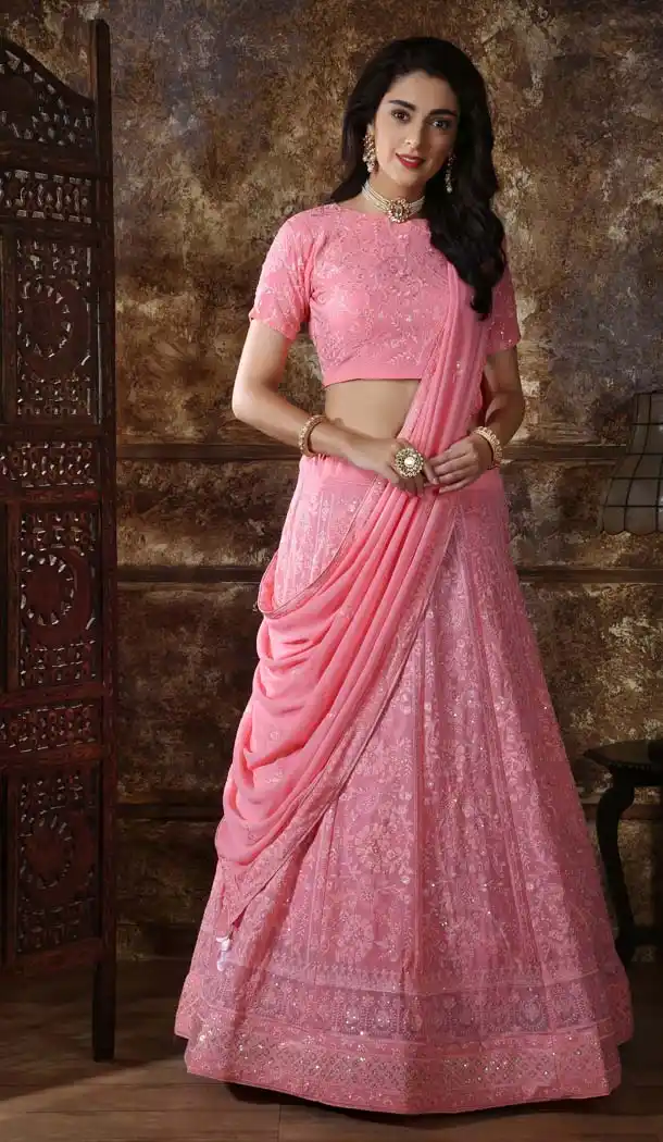 Dusty Pink Color Silk Lucknowi Designer Lehenga Choli -591373435