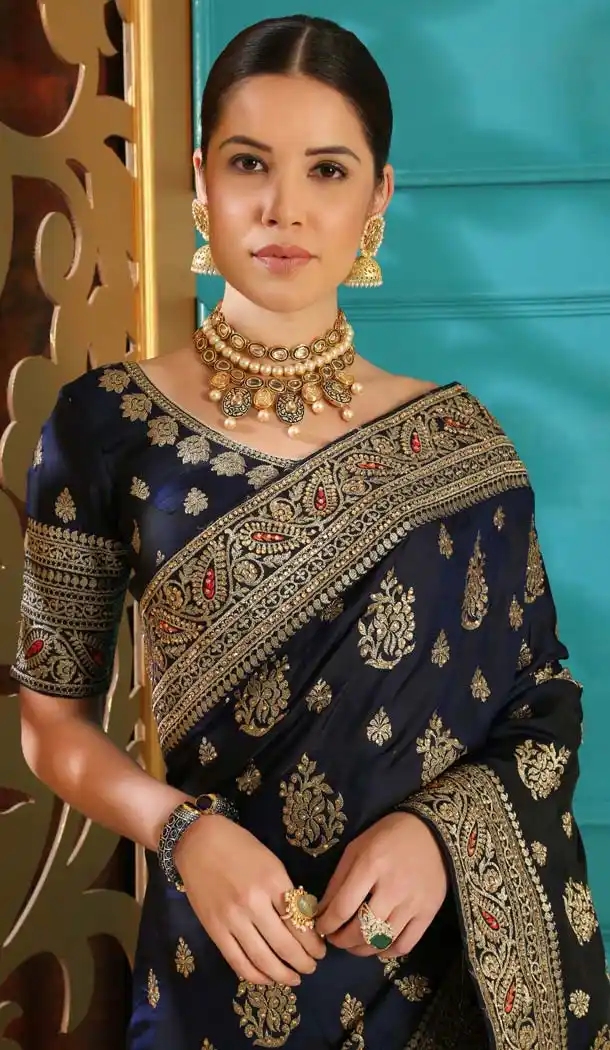 Navy Blue Color Silk Designer Traditional Wear Saree Blouse -589973180
