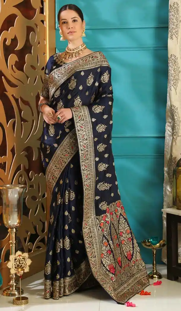 Navy Blue Color Silk Designer Traditional Wear Saree Blouse -589973180
