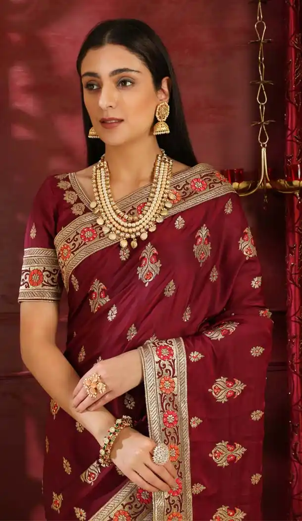 Wine Color Silk Designer Traditional Wear Saree Blouse -589973184