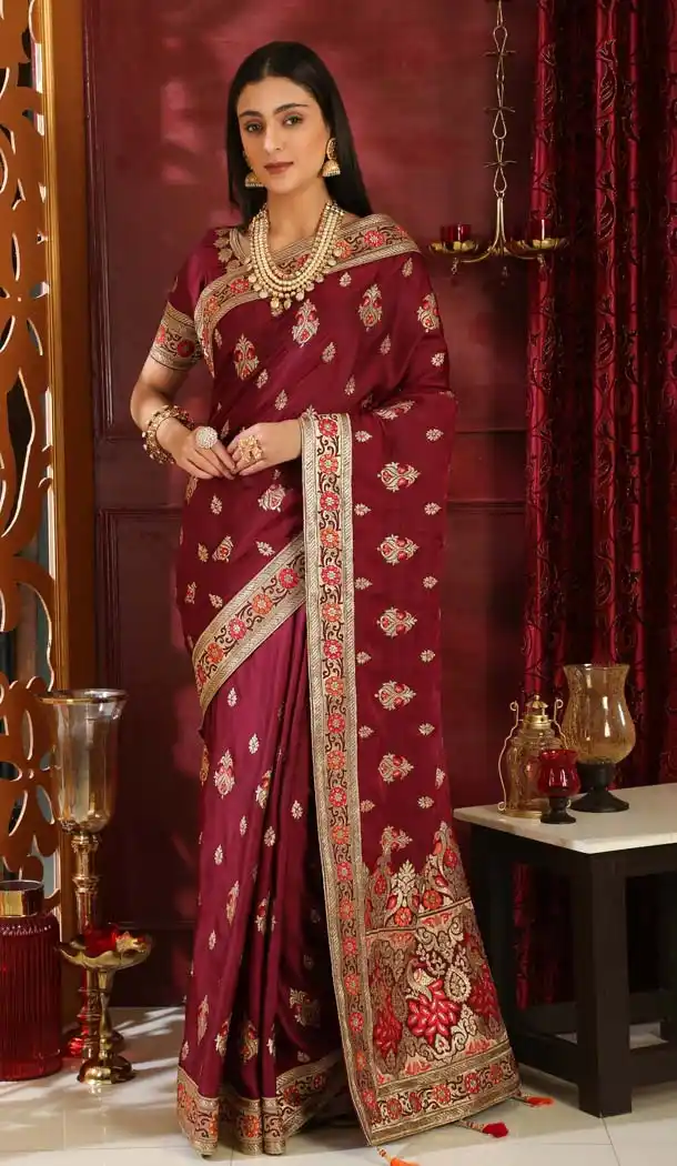 Wine Color Silk Designer Traditional Wear Saree Blouse -589973184