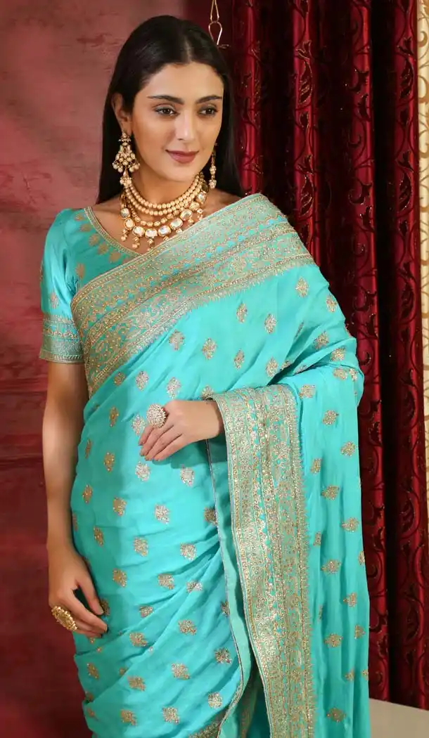 Turquoise Color Silk Designer Traditional Wear Saree Blouse -589973185