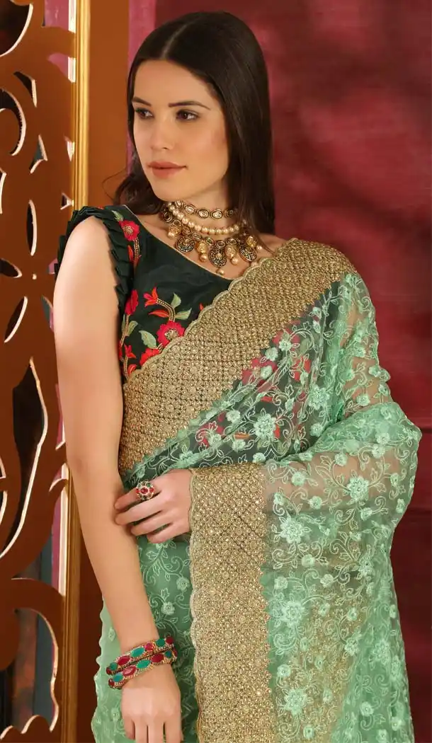 Mint Green Color Organza Designer Traditional Wear Saree Blouse -589973186