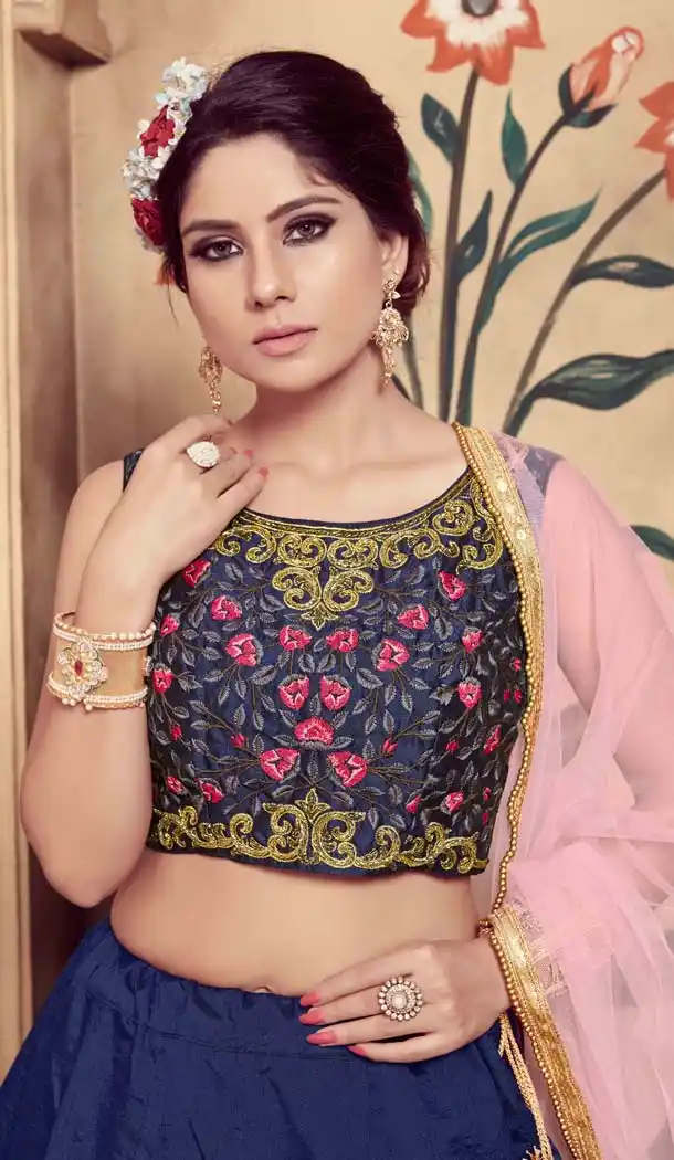 Navy Blue Color Silk Embroidery Designer Lehenga Choli -591473436