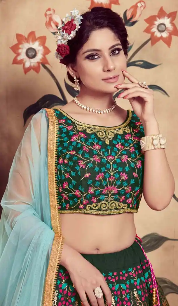 Dark Green Color Silk Embroidery Designer Lehenga Choli -591473437