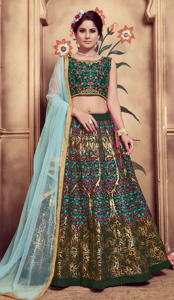 Dark Green Color Silk Embroidery Designer Lehenga Choli -591473437
