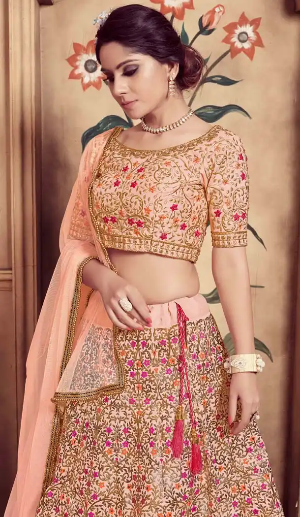 Silk Embroidery Peach Color Designer Lehenga Choli -591473442
