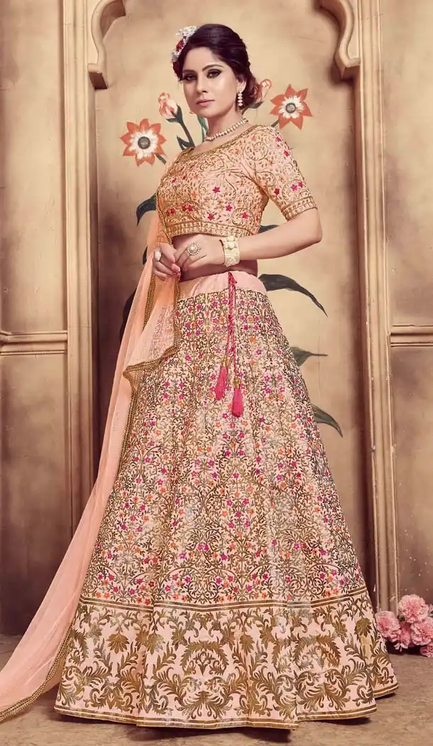 Silk Embroidery Peach Color Designer Lehenga Choli -591473442