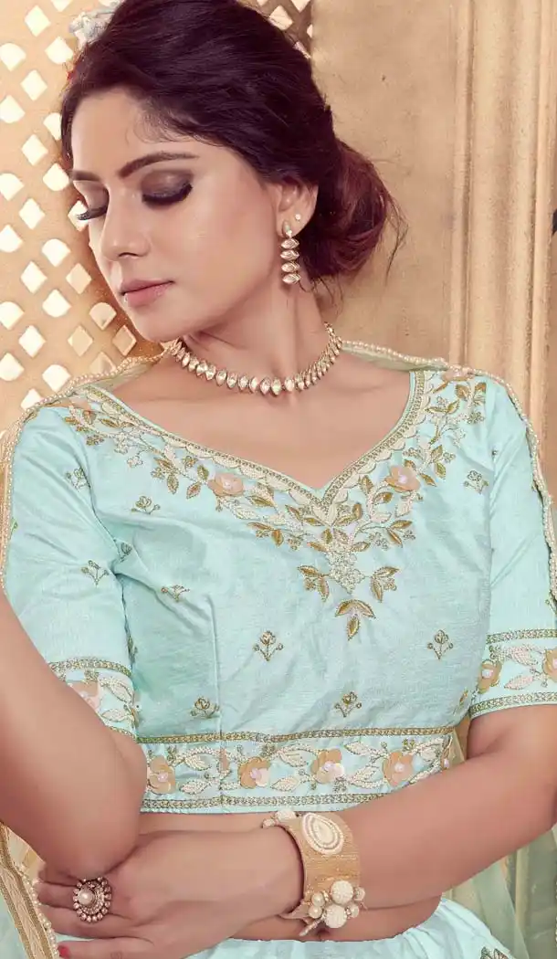 Silk Embroidery Turquoise Blue Designer Lehenga Choli -591473445