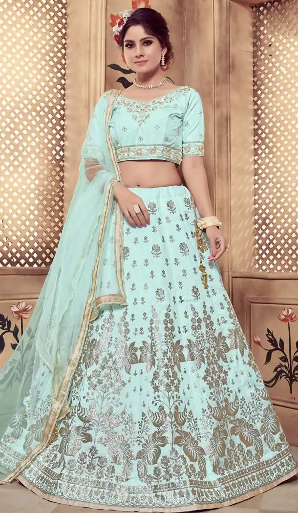 Silk Embroidery Turquoise Blue Designer Lehenga Choli -591473445