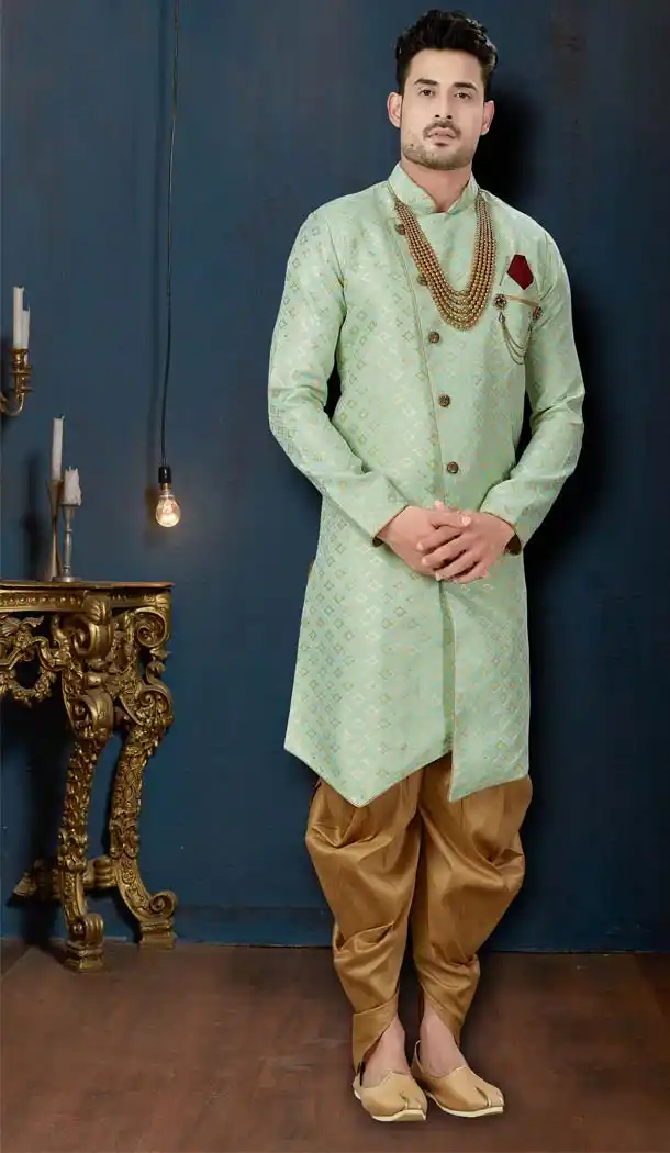 Light Green Color Barfi Jacquard IndoWestern Men Sherwani -594173815