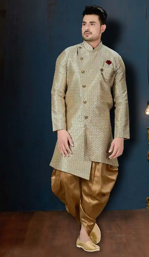 Blue Color Surahi Jacquard IndoWestern Men Sherwani -594173816