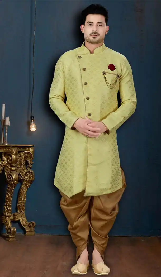 Dhani Yellow Color Barfi Jacquard IndoWestern Men Sherwani -594173817