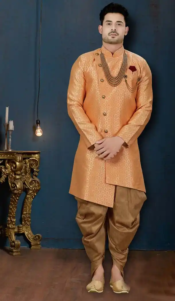 Dark Peach Color Surahi Jacquard IndoWestern Men Sherwani -594173819