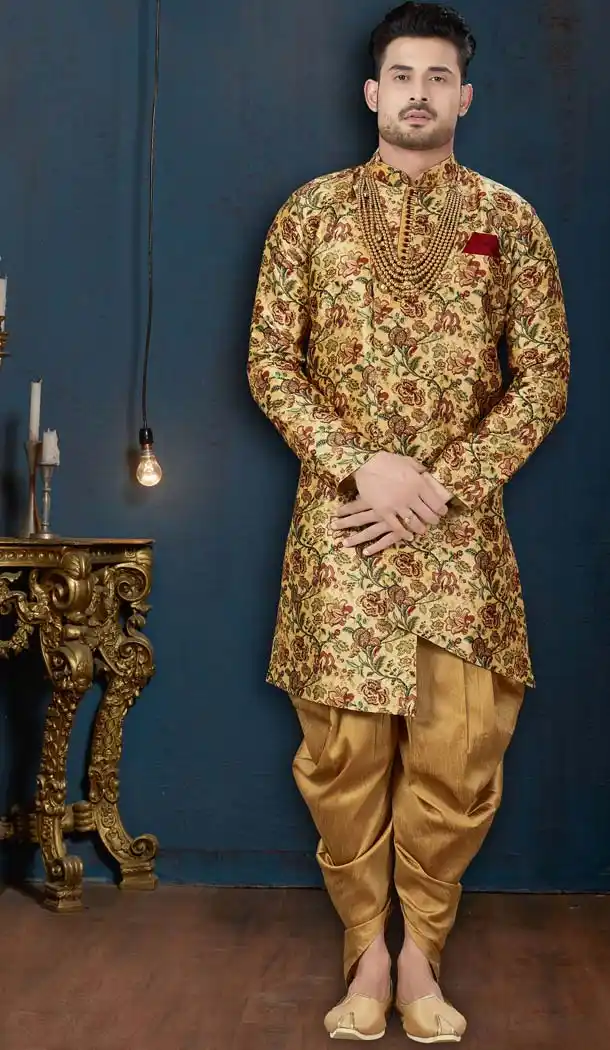 Yellow Color Jacquard Silk IndoWestern Men Sherwani -594173820
