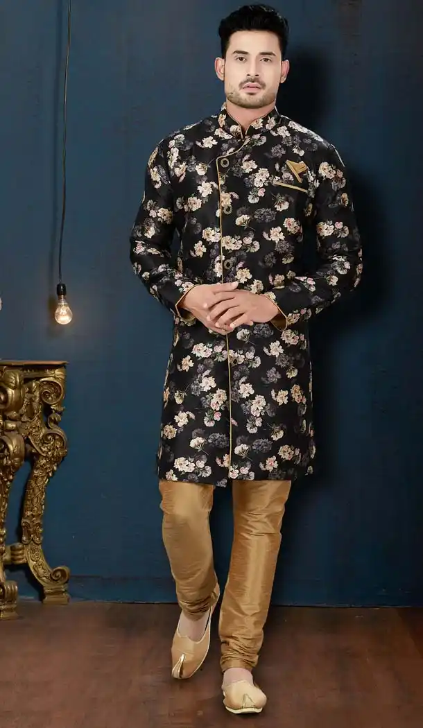 Exotic Black Color Sydany Silk IndoWestern Men Sherwani -594173824