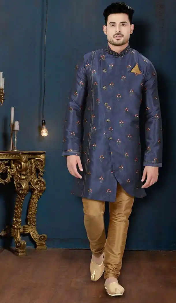 Contemporary Blue Sydany Silk IndoWestern Men Sherwani -594173825
